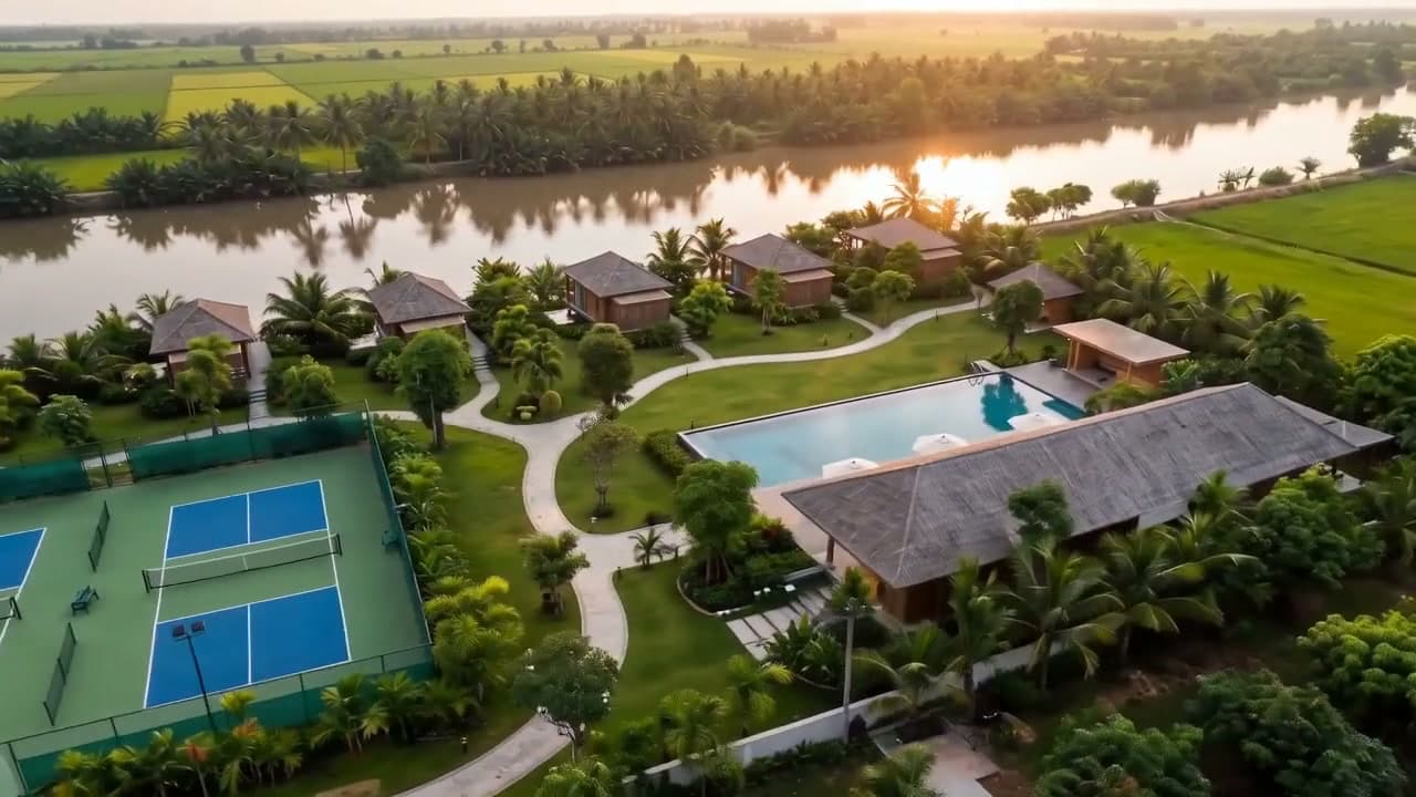 The Sportkation estate among palm trees, with courts and accommodation